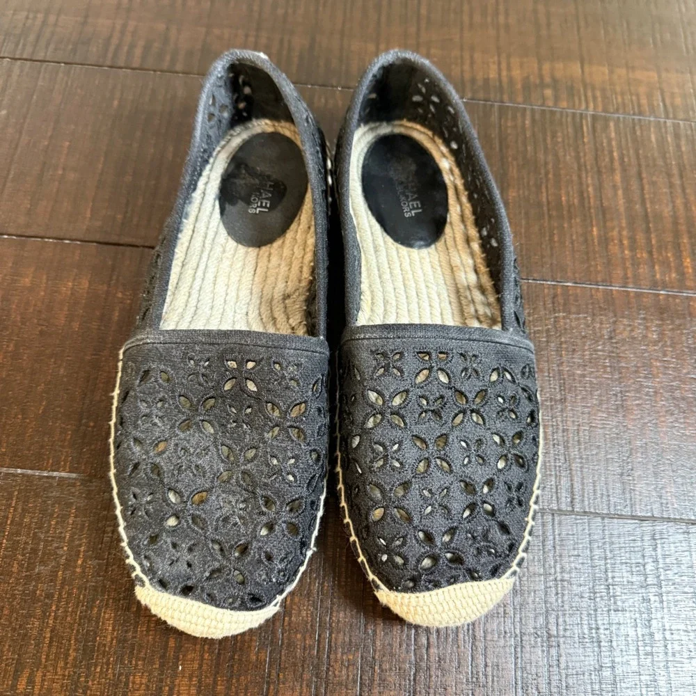 Michael Kors Darci Black Eyelet Espadrille Flats Jute Floral Laser Cut Slip On 7